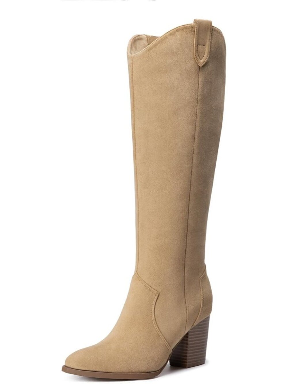 Women's Camel Faux Suede Chunky Heel Pointed Toe Side Zipper Knee High Boots